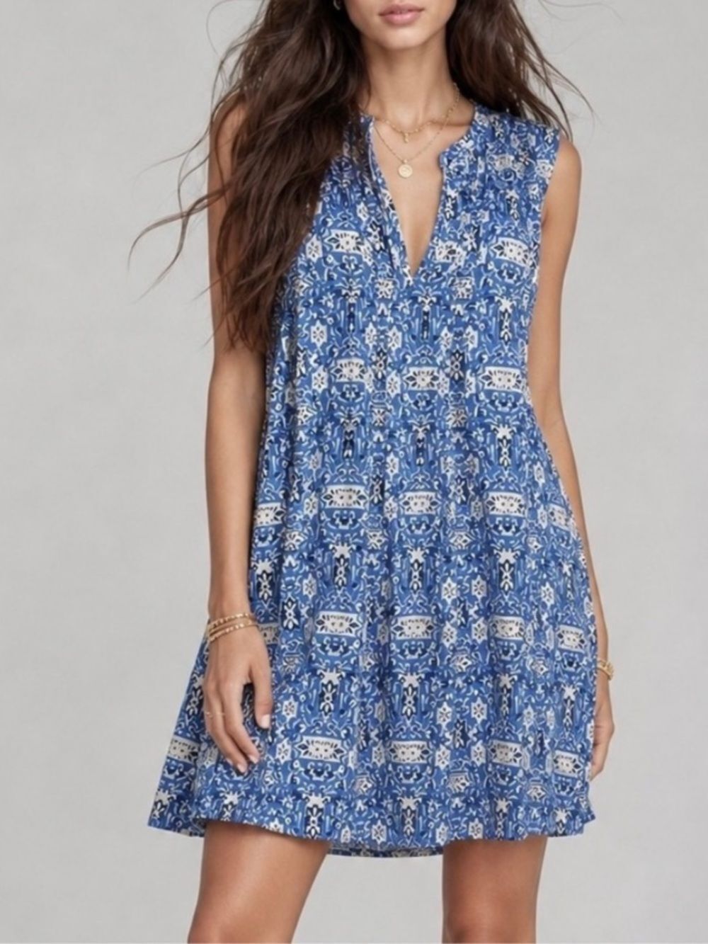 Roller Rabbit Blue Batik Sleeveless Pintuck Shift Dress S